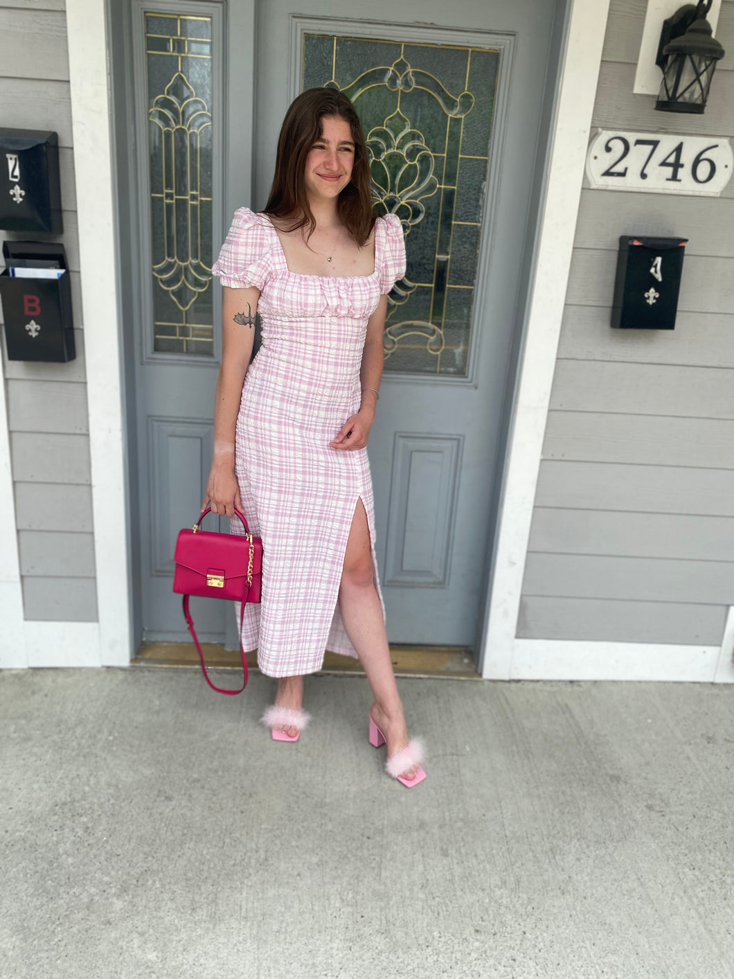 Zara Pink Gingham Puff Sleeves Dress