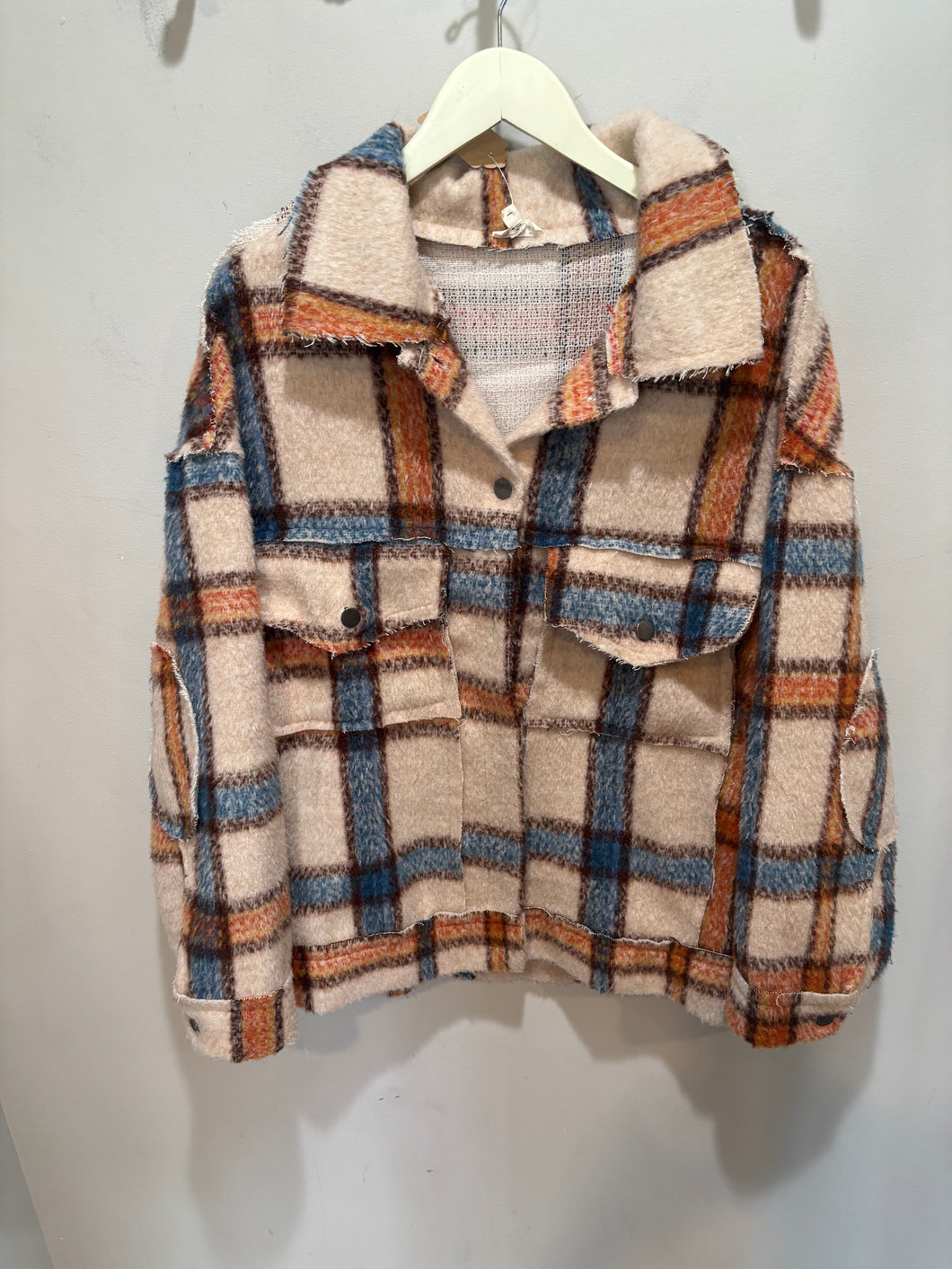 POL Cream Plaid Distressed Shacket