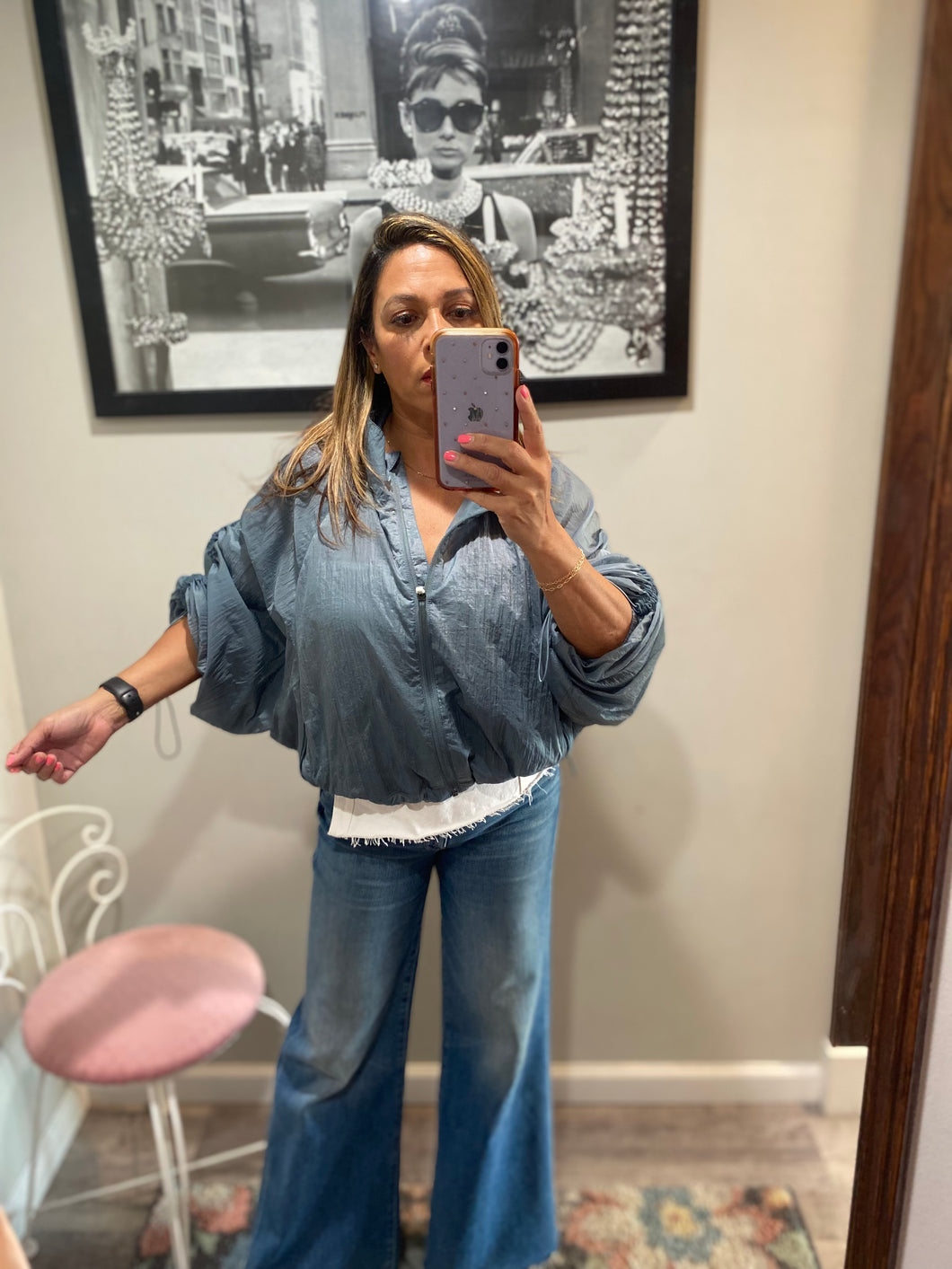 Teal Windbreaker Cropped Cinched Waist Jacket