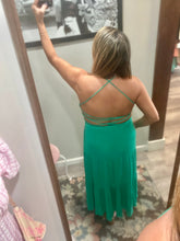 Load image into Gallery viewer, Green Smocked Lace Up Back Tiered Dress

