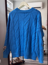 Load image into Gallery viewer, Blue Knit Embroidered Patchwork Cardigan
