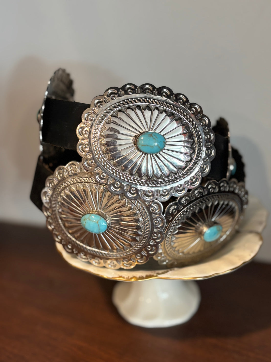 Vintage Black Western Silver  Conch Leather Belt