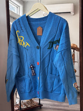 Load image into Gallery viewer, Blue Knit Embroidered Patchwork Cardigan
