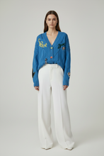 Load image into Gallery viewer, Blue Knit Embroidered Patchwork Cardigan
