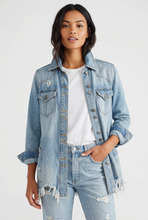 Load image into Gallery viewer, Free People Lightwash Distressed Denim 3/4 Denim Jacket
