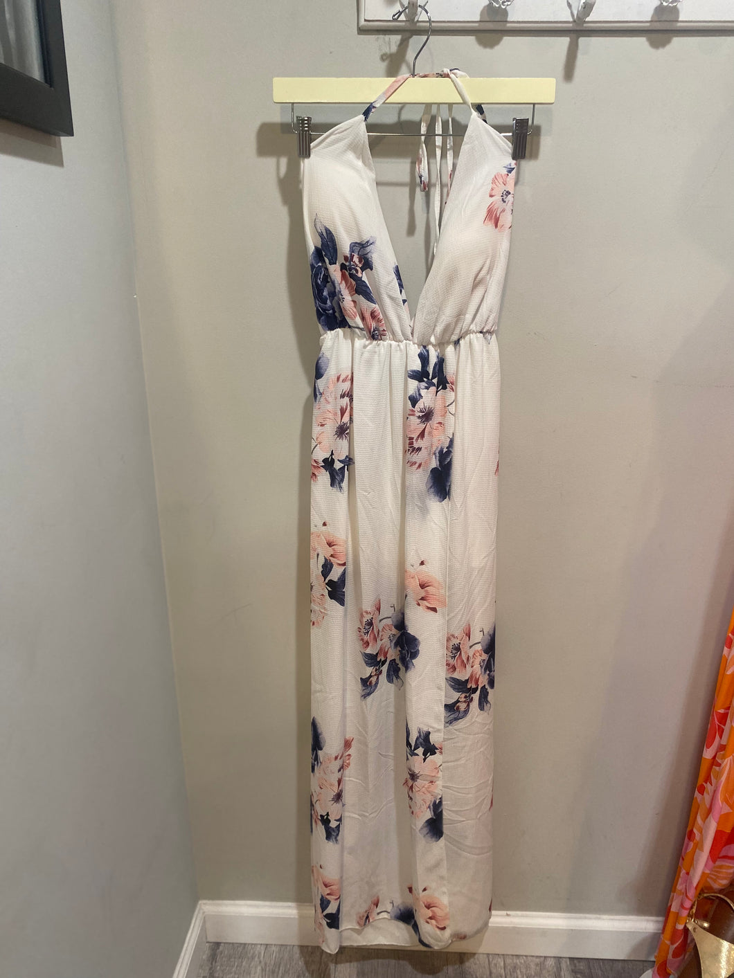 White Floral Open Back Maxi