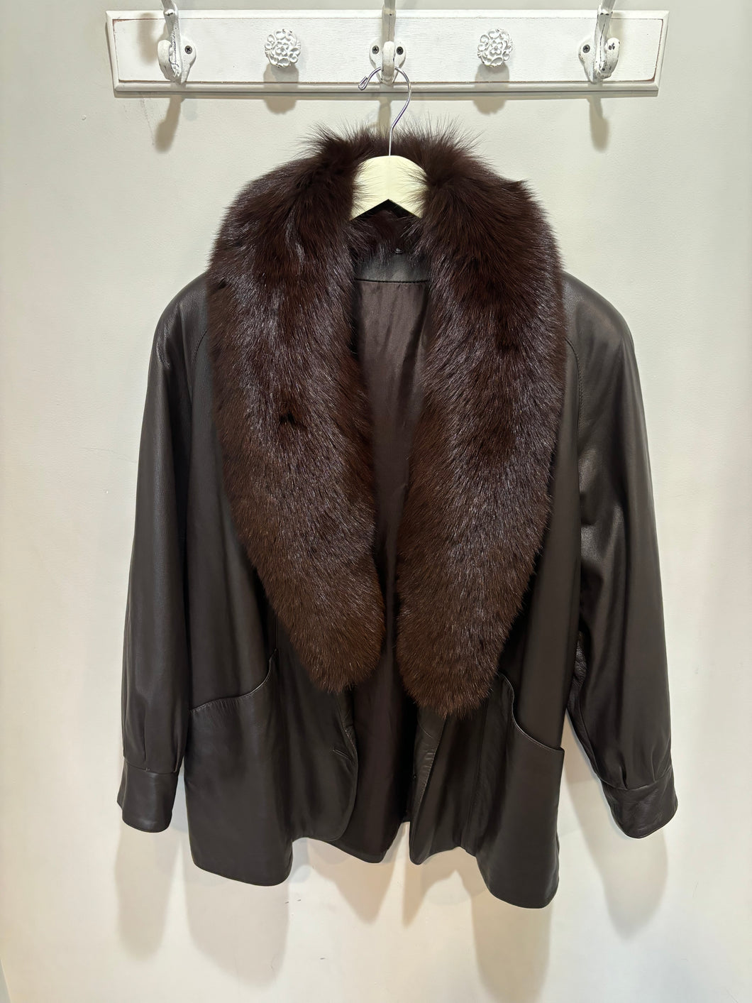 Vintage Brown Leather Fur Collar Coat