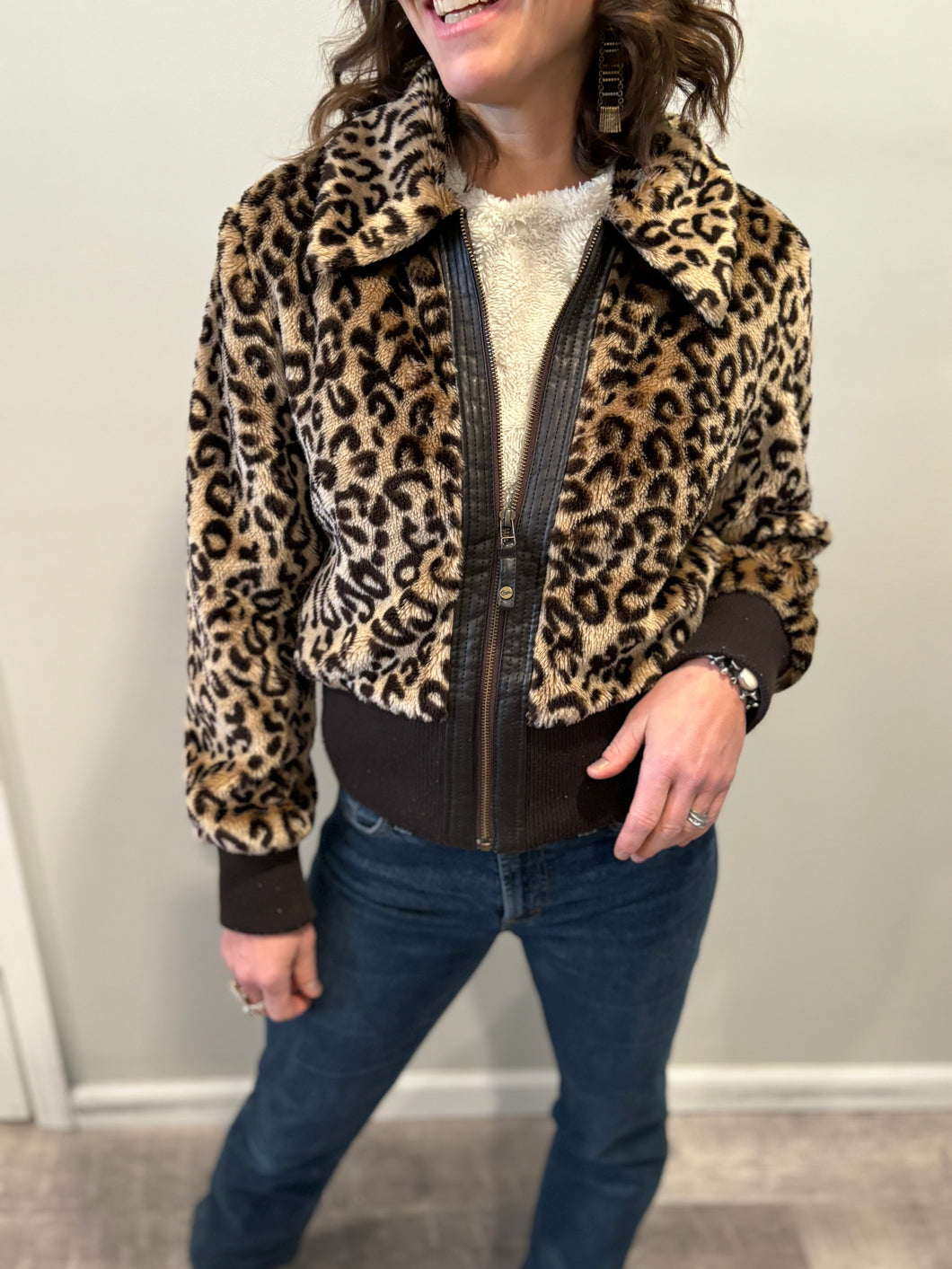 Vintage Brown Leopard Teddy Cropped Jacket
