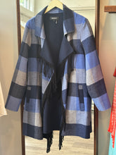 Load image into Gallery viewer, DKNY Blue Plaid Fringe Duster Coat
