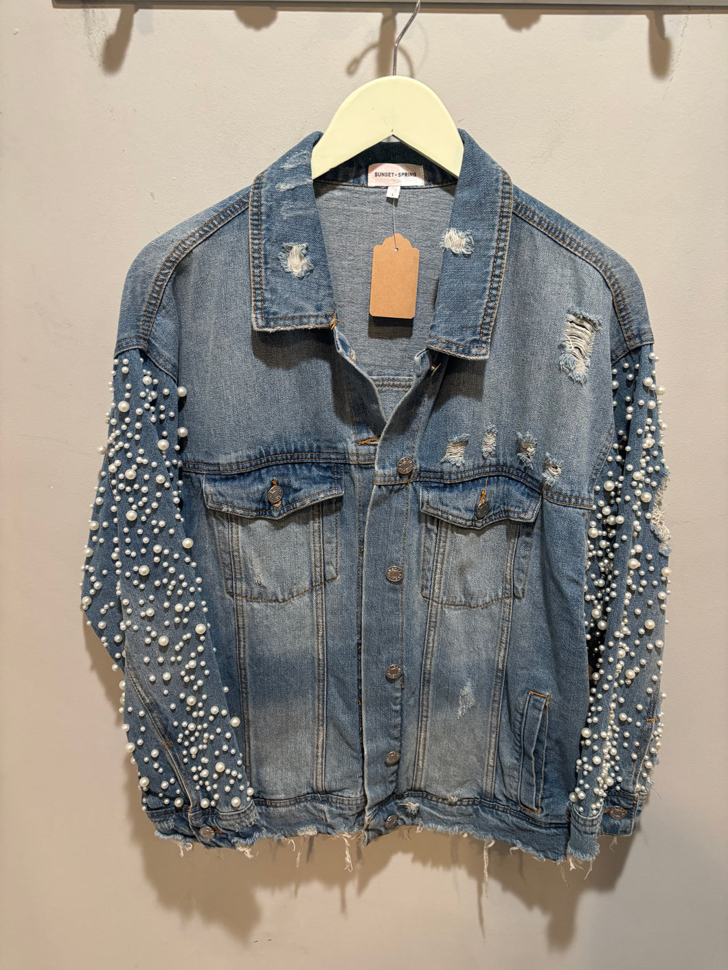 Light Wash Distressed Pearls Sleeves Denim Jacket