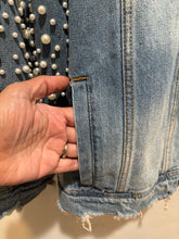 Load image into Gallery viewer, Light Wash Distressed Pearls Sleeves Denim Jacket
