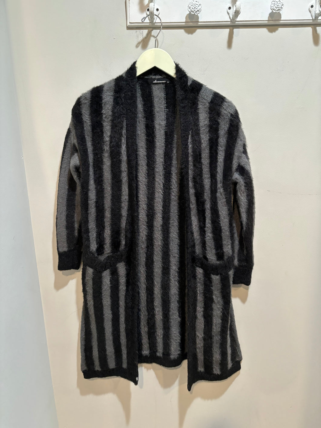 Olivaceous Black Grey Stripe Plush Cardigan