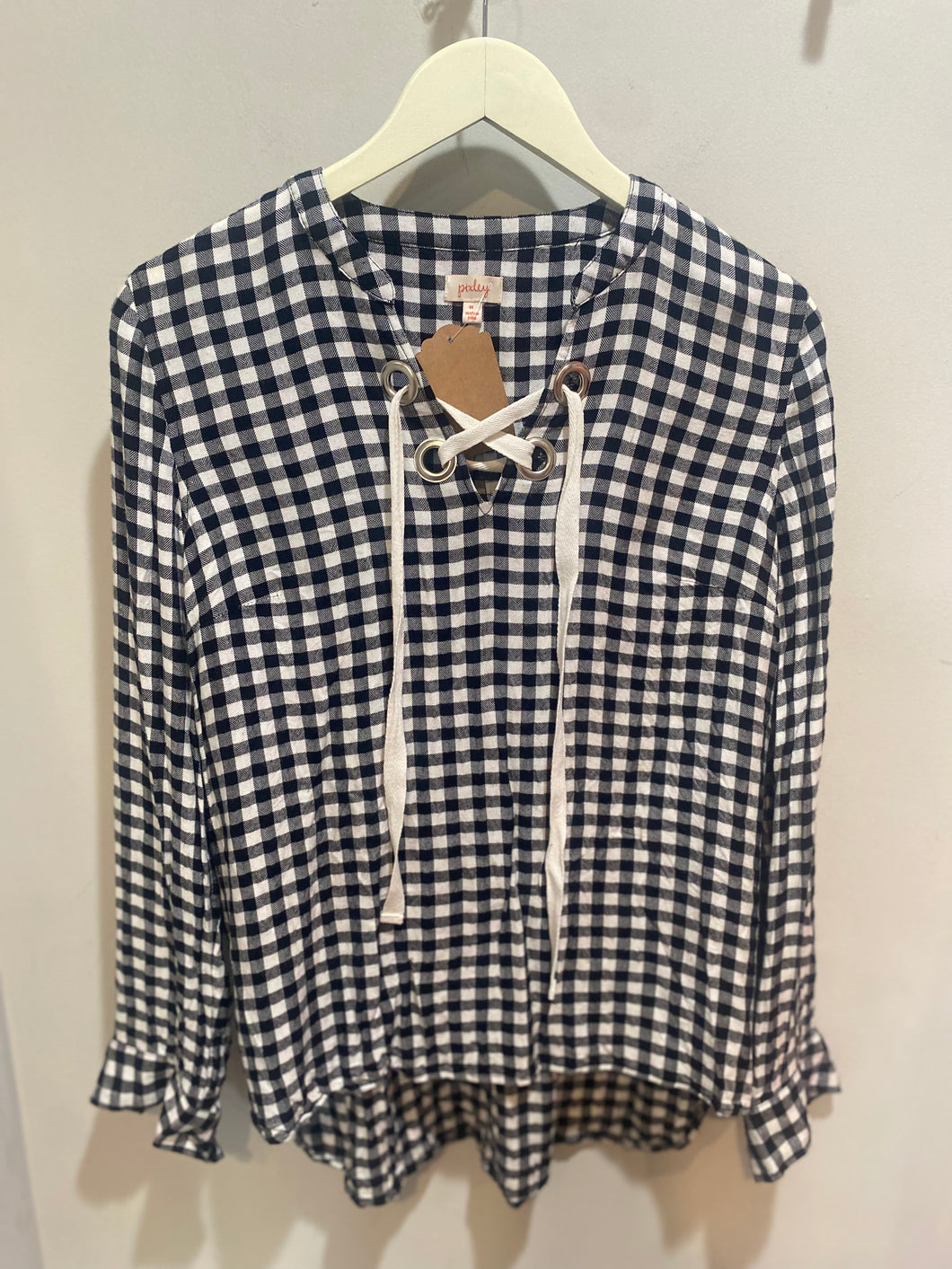 Anthropologie Pixley Black White Gingham Laceup Top