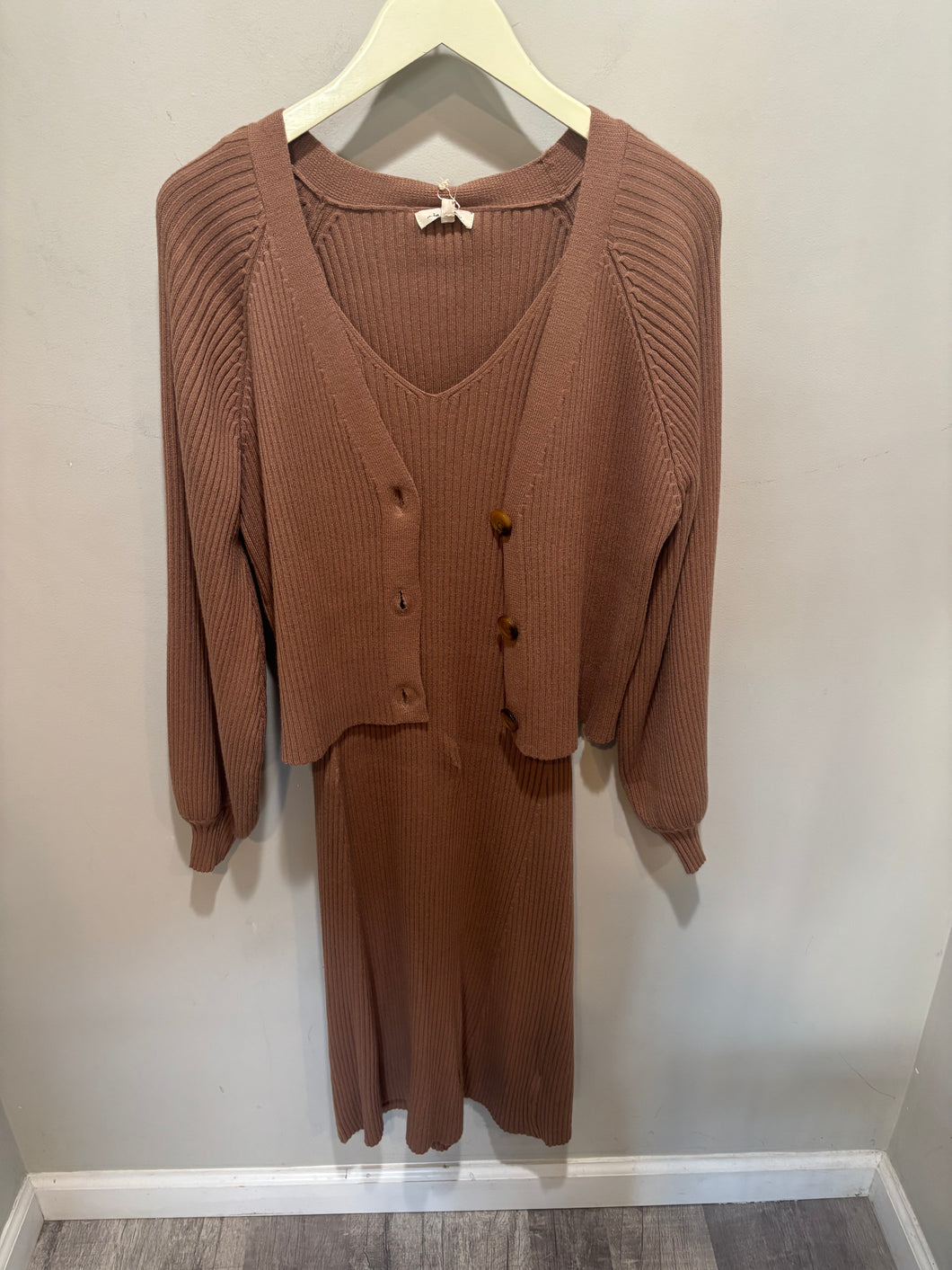 Brown Knit Ribbed Sweater Dress 2Piece Set