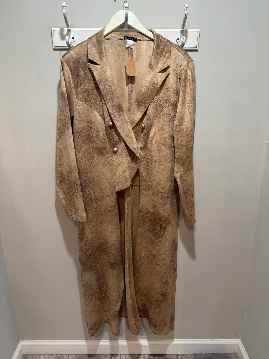 Tan Faux Suede Double Breasted Duster