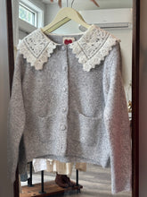 Load image into Gallery viewer, Grey Peasant Top Knit Crochet Neck Cardigan
