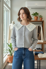 Load image into Gallery viewer, Grey Peasant Top Knit Crochet Neck Cardigan
