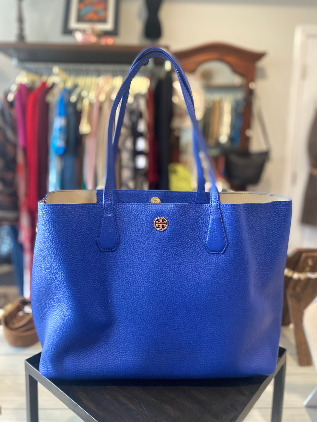 Tory Burch Blue Pebbled Leather Tote
