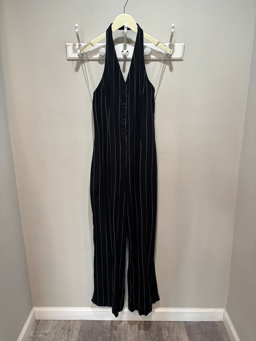 Anthropologie Black Pinstripes Halter Jumpsuit