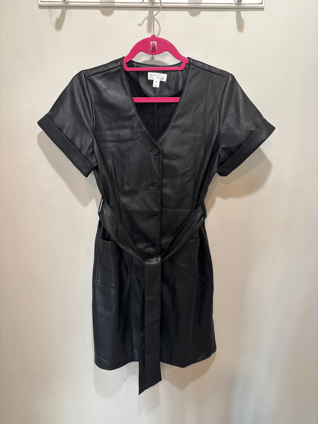 Black Faux Leather Tie Waist Dress