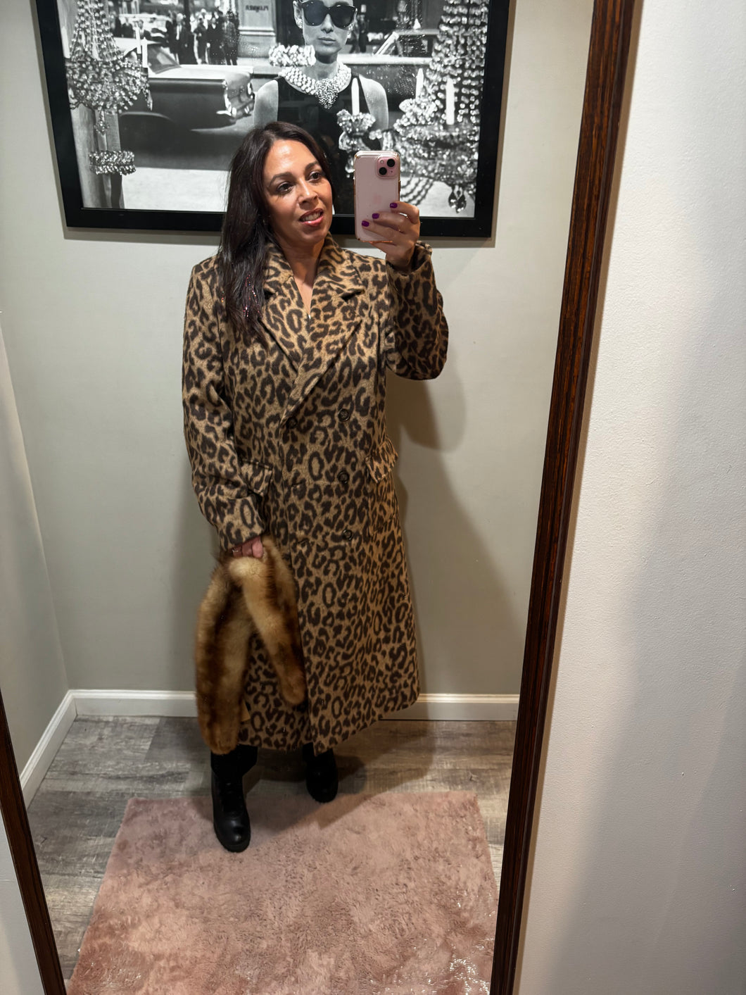 Commense Tan Double Breasted Leopard Coat