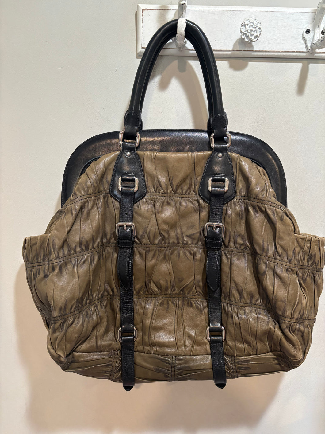 Vintage Prada Olive Gaufre Gathered Leather Tote