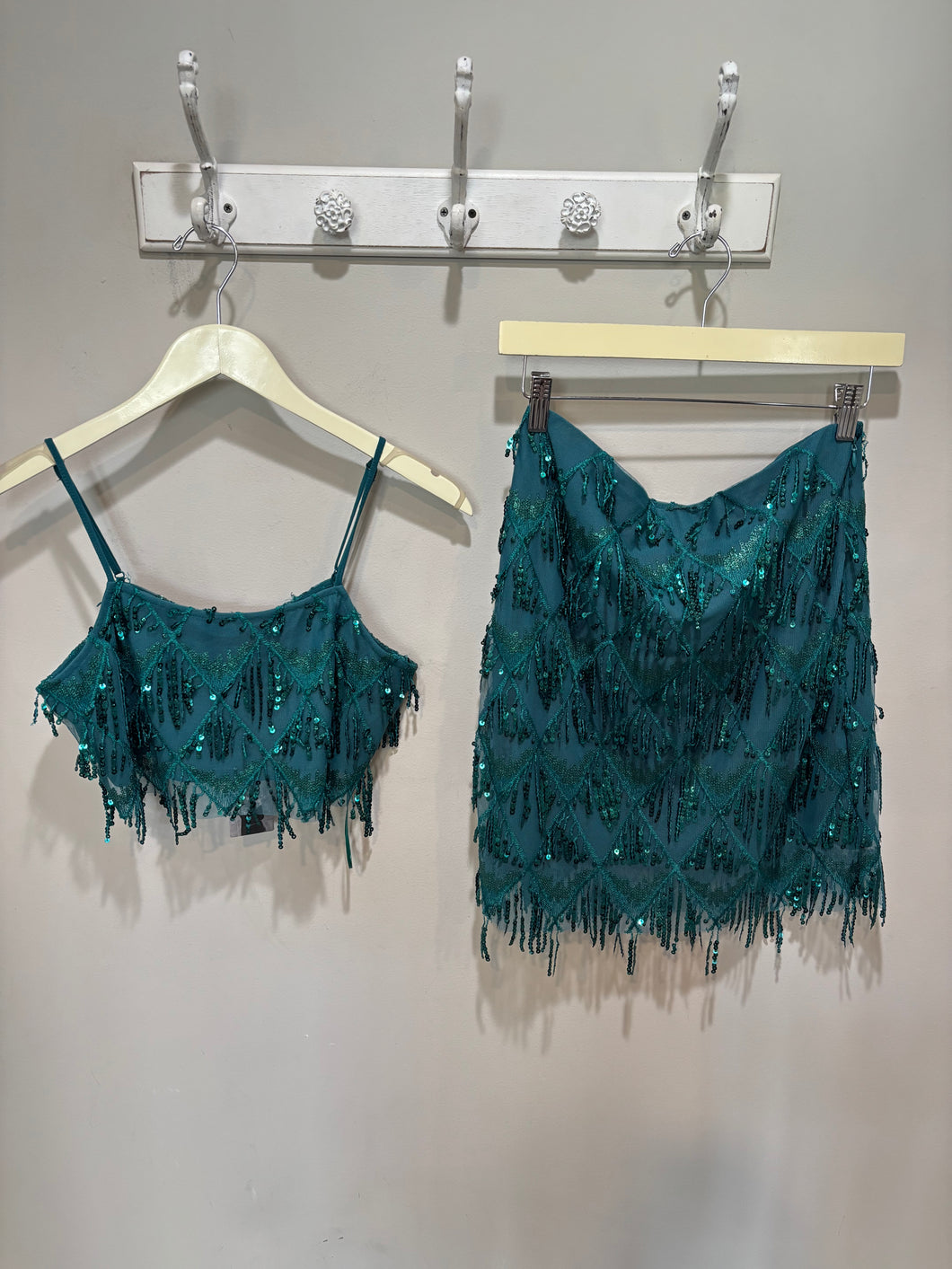 Teal Sequins Fringe Skirt Set