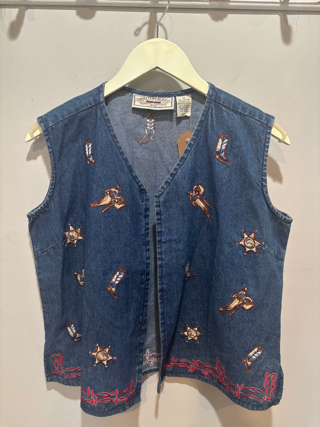 Vintage Rhythm Blue Denim Embroidered Vest