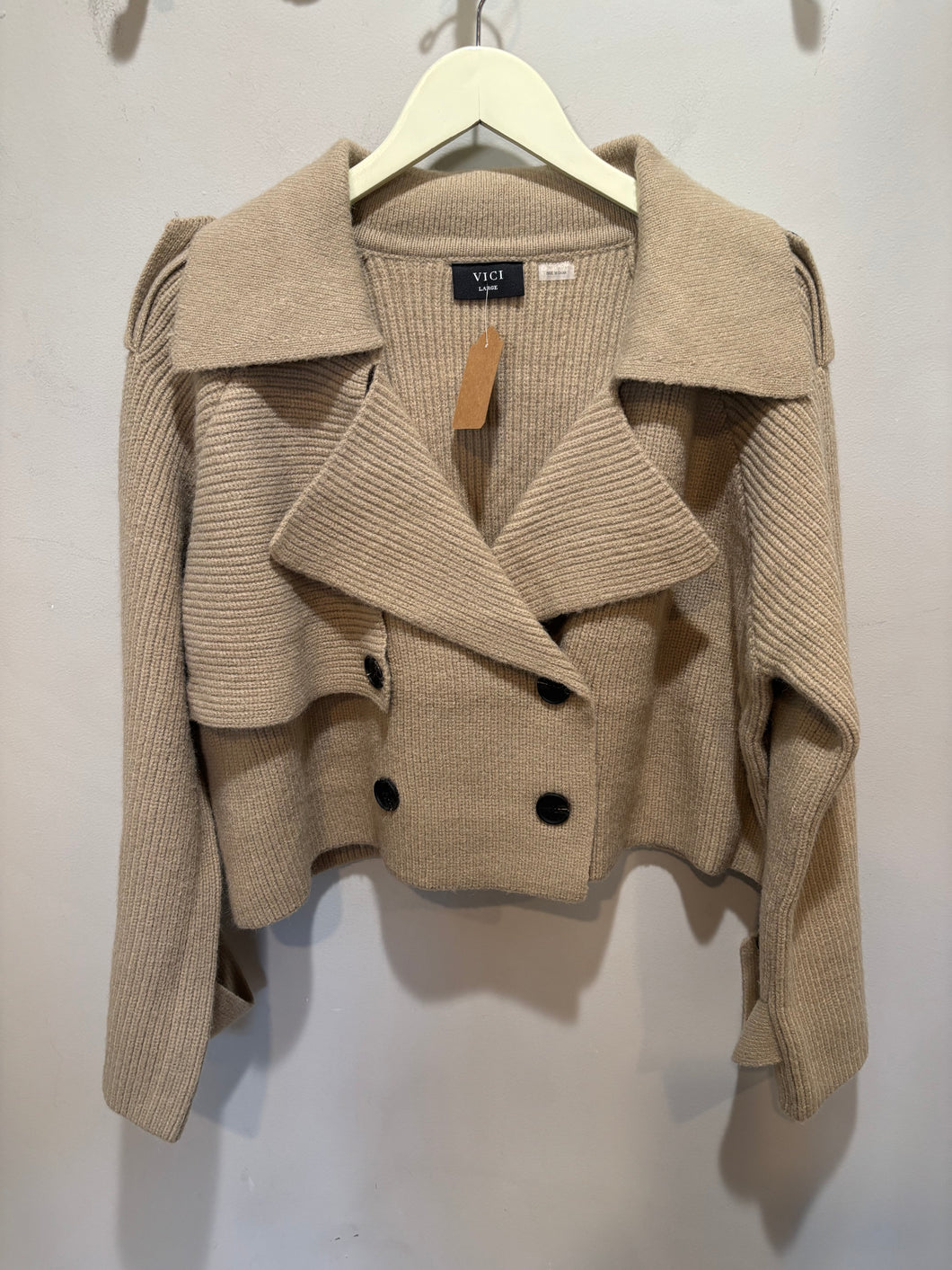 Tan Knit Cropped Trench Jacket