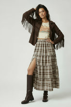 Load image into Gallery viewer, Brown Plaid Tiered Maxi Side Split Skirt
