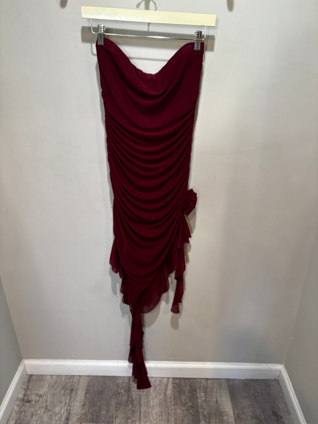 Blue Blush Burgundy Rusching Rosette Dress