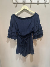 Load image into Gallery viewer, Blue Off Shoulder Ruffle Sleeves Romper

