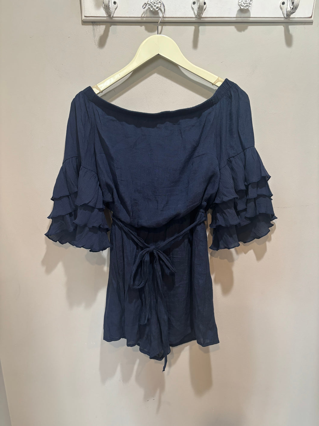 Blue Off Shoulder Ruffle Sleeves Romper