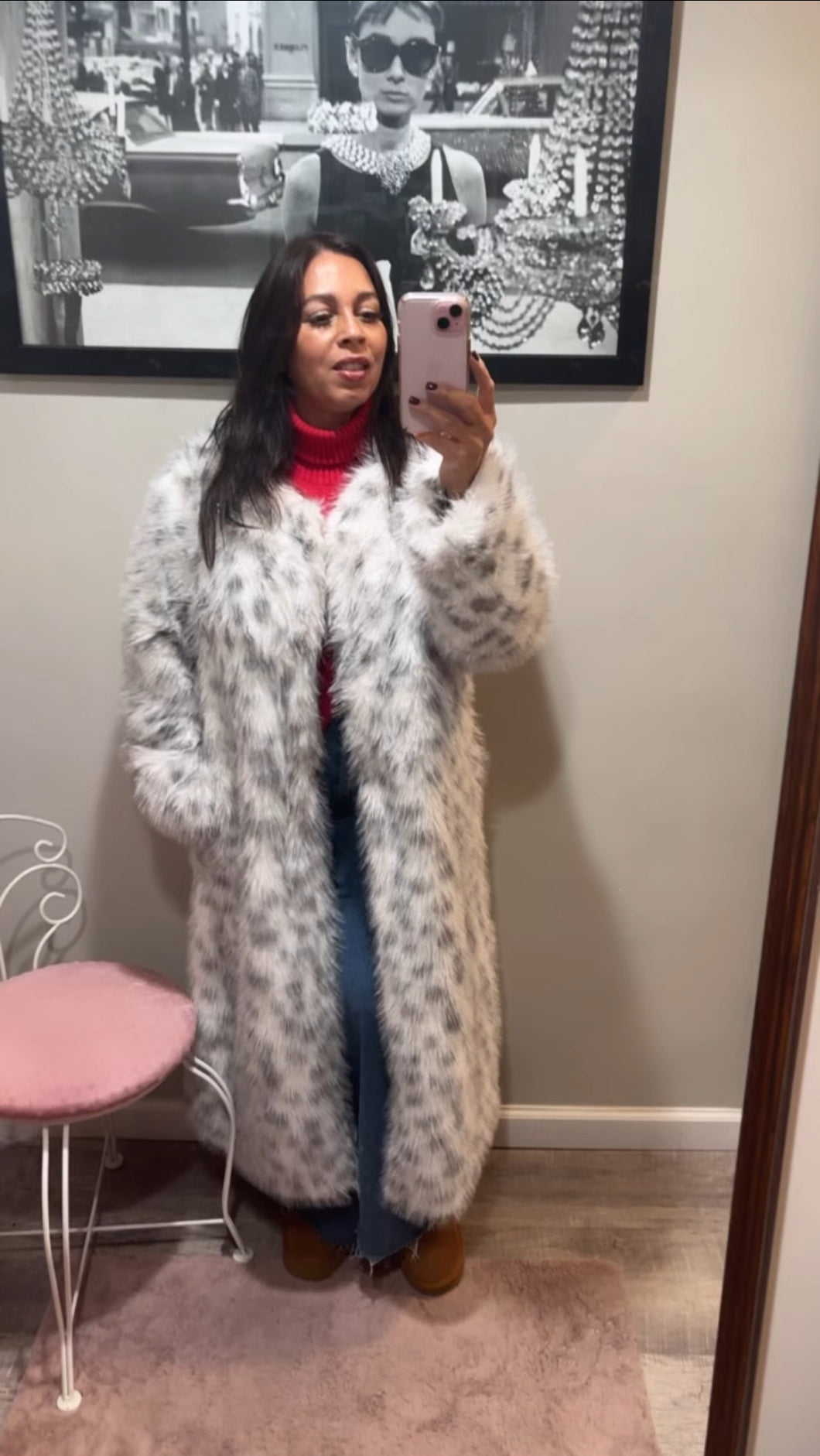 White Grey Faux Snow Leopard Coat